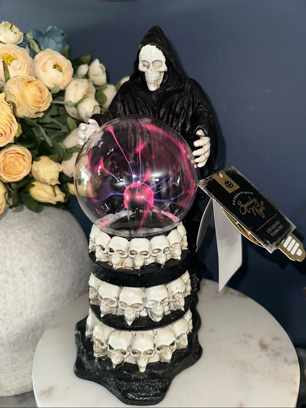 Spooky Reaper Skull Plasma Ball - Black and White Halloween Decor